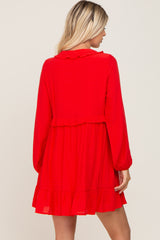 Red Button Down Ruffle Accent Dress