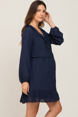 Navy Button Down Ruffle Accent Maternity Dress