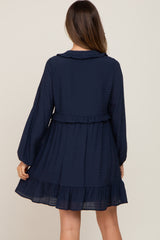 Navy Button Down Ruffle Accent Maternity Dress