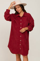 Burgundy Red Corduroy Button Down Maternity Dress