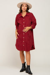 Burgundy Red Corduroy Button Down Maternity Dress