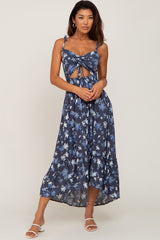 Navy Floral Cinched Front Cutout Maternity Midi Dress