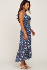 Navy Floral Cinched Front Cutout Midi Dress