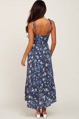 Navy Floral Cinched Front Cutout Midi Dress