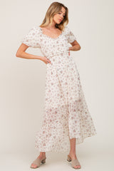 Cream Floral Button Accent Puff Sleeve Maxi Dress