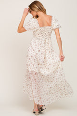 Cream Floral Button Accent Puff Sleeve Maxi Dress