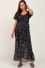 Black Floral Button Accent Puff Sleeve Maternity Maxi Dress