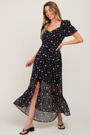 Black Floral Button Accent Puff Sleeve Maxi Dress