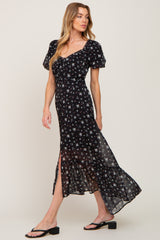 Black Floral Button Accent Puff Sleeve Maxi Dress