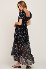 Black Floral Button Accent Puff Sleeve Maxi Dress