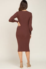 Brown Ribbed Knit Long Sleeve Fitted Maternity Dress