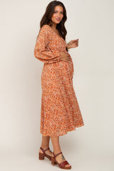 Rust Floral Front Tie Maternity Midi Dress