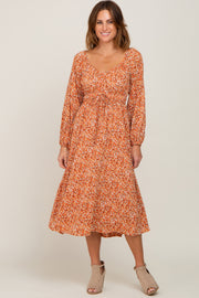 Rust Floral Front Tie Midi Dress