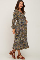 Black Floral Front Tie Maternity Midi Dress