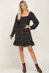 Black Printed Smocked Dress