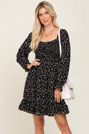 Black Printed Smocked Dress