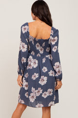 Blue Floral Smocked Tie Back Maternity Dress