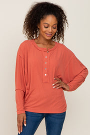 Rust Ribbed Dolman Sleeve Henley Top