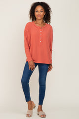 Rust Ribbed Dolman Sleeve Henley Top