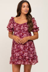 Burgundy Floral Chiffon Ruffle Accent Maternity Mini Dress