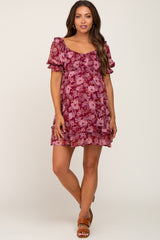 Burgundy Floral Chiffon Ruffle Accent Maternity Mini Dress