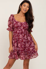 Burgundy Floral Chiffon Ruffle Accent Mini Dress