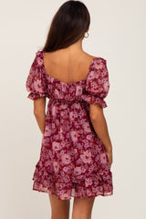 Burgundy Floral Chiffon Ruffle Accent Mini Dress