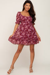 Burgundy Floral Chiffon Ruffle Accent Mini Dress