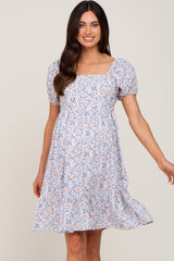 Blue Floral Puff Sleeve Tie Back Maternity Dress