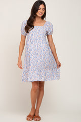 Blue Floral Puff Sleeve Tie Back Maternity Dress