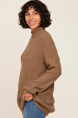 Brown Open Knit Mock Neck Sweater