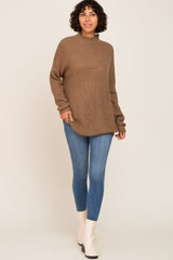 Brown Open Knit Mock Neck Sweater