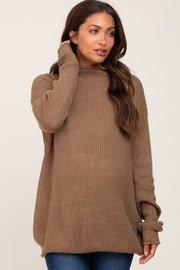 Brown Open Knit Mock Neck Maternity Sweater