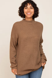 Brown Open Knit Mock Neck Sweater