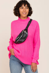 Fuchsia Open Knit Mock Neck Sweater