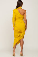 Yellow Asymmetric Maternity Ruched Fitted Dress