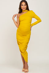 Yellow Asymmetric Maternity Ruched Fitted Dress