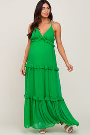 Green Ruffle Tier Cross Back Maternity Maxi Dress