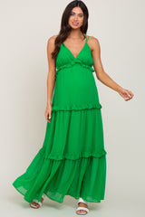 Green Ruffle Tier Cross Back Maternity Maxi Dress