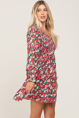 Black Floral Smocked V-Neck Dress