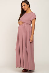 Mauve Short Sleeve Babydoll Maternity Maxi Dress