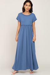 Blue Short Sleeve Babydoll Maternity Maxi Dress