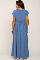 Blue Short Sleeve Babydoll Maternity Maxi Dress