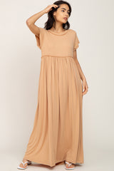 Taupe Short Sleeve Babydoll Maternity Maxi Dress