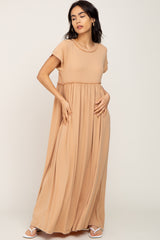 Taupe Short Sleeve Babydoll Maxi Dress