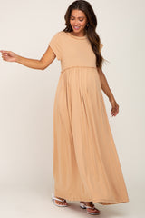 Taupe Short Sleeve Babydoll Maternity Maxi Dress