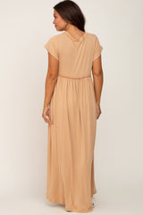 Taupe Short Sleeve Babydoll Maternity Maxi Dress