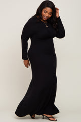 Black Front Twist Long Sleeve Plus Maxi Dress