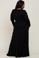 Black Front Twist Long Sleeve Plus Maxi Dress