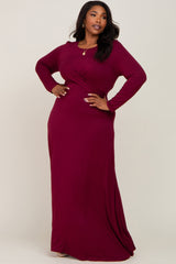 Burgundy Front Twist Long Sleeve Maternity Plus Maxi Dress